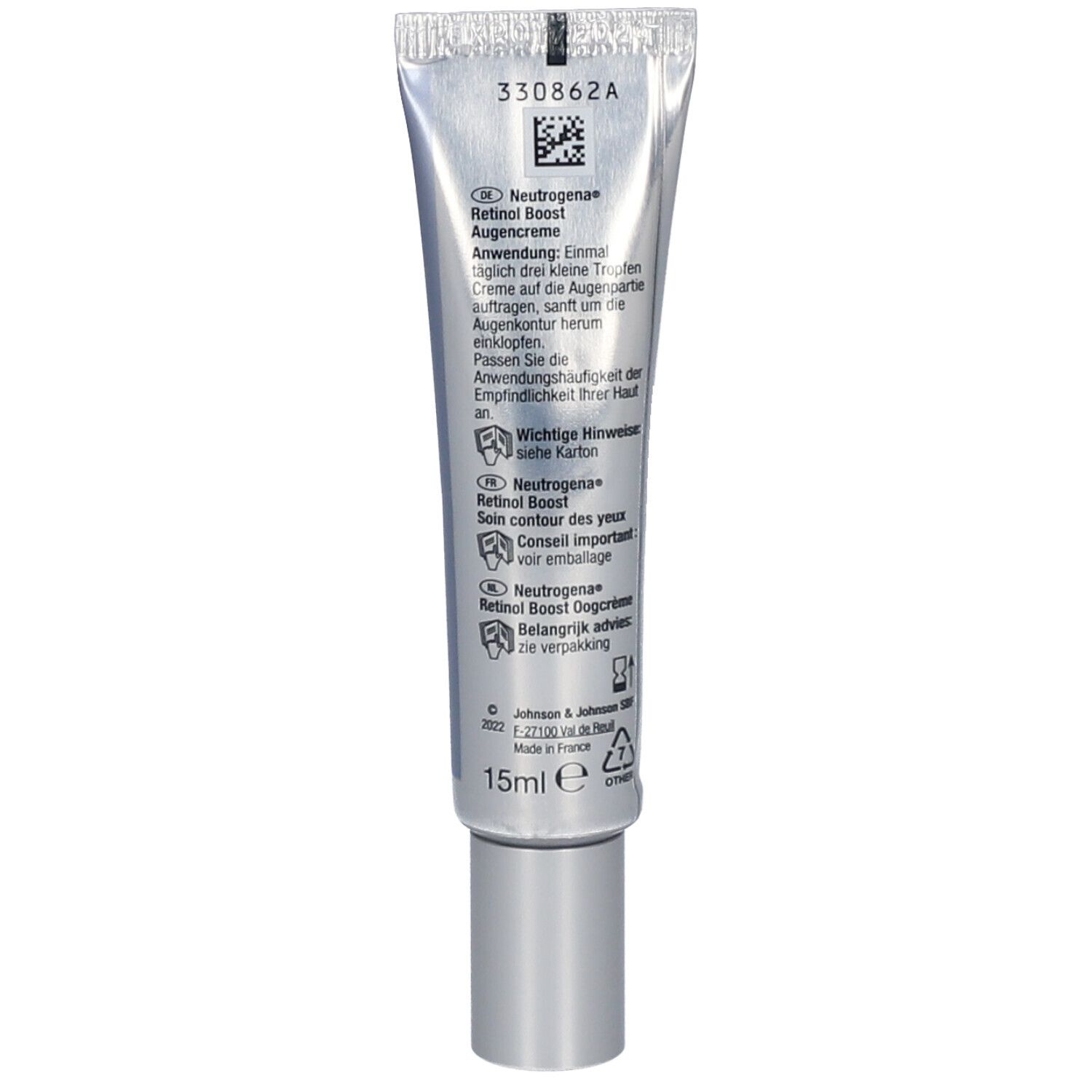 Achterkant van de Neutrogena Retinol Boost oogcrème tube. Tekst in het Duits, instructies en ingrediënten.