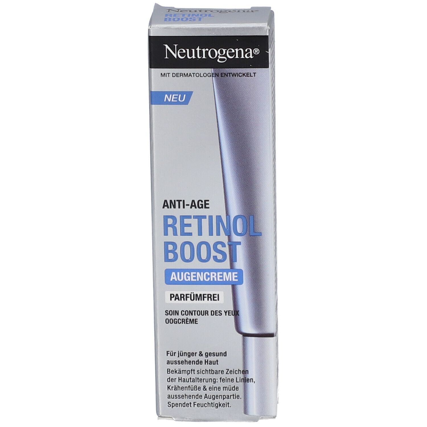 Verpakking van Neutrogena Retinol Boost oogcrème. Doos met productnaam en merk.