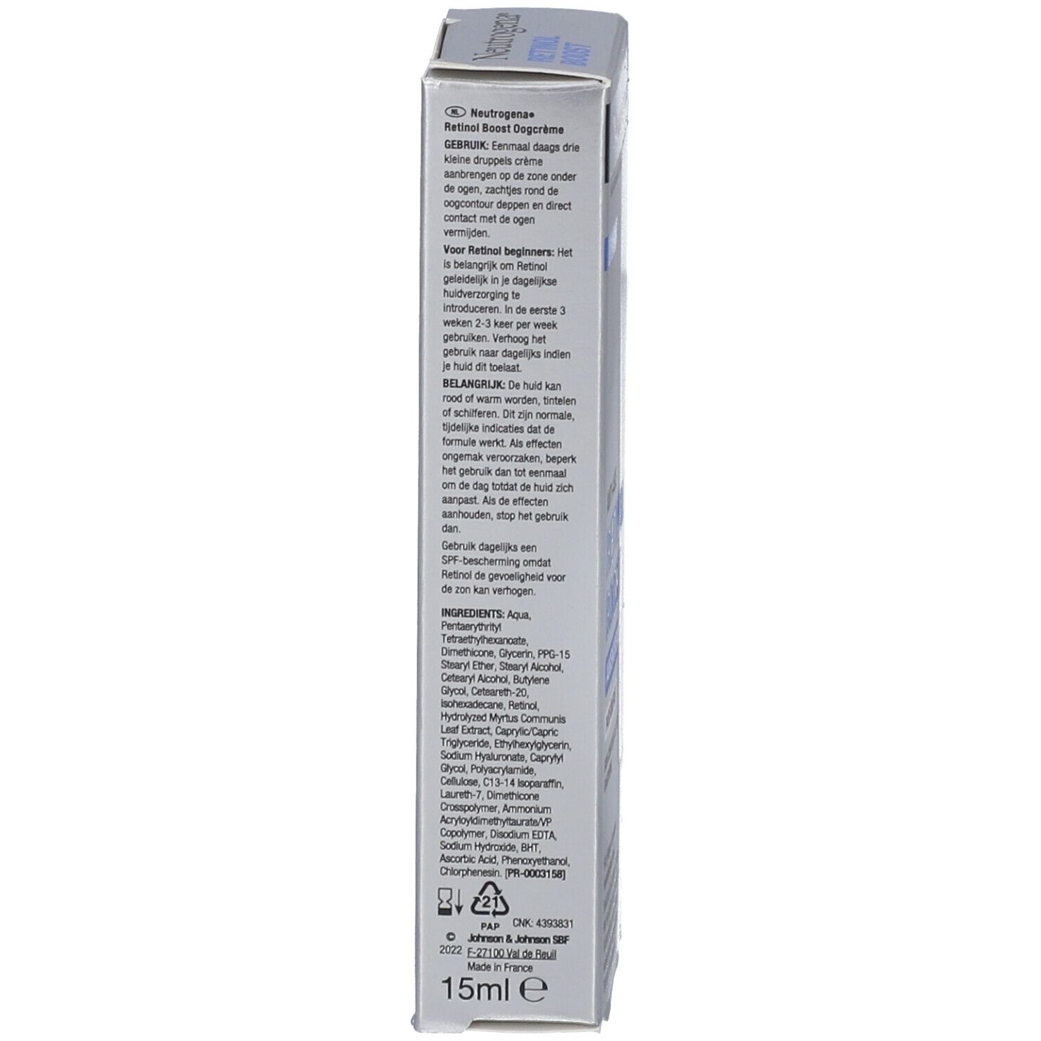 Achterkant van de Neutrogena Retinol Boost oogcrème verpakking. Tekst in het Duits en ingrediënten.