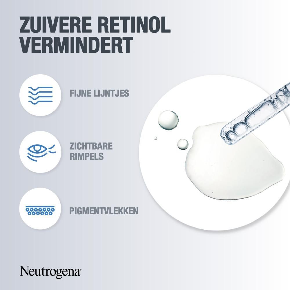 Afbeelding: 3 cirkels met ingrediënten. Tekst over pure retinol, mirtebladextract en hyaluronzuur.