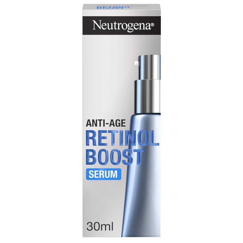 Neutrogena Retinol Boost Serum. Verpakking met productafbeelding en tekst.