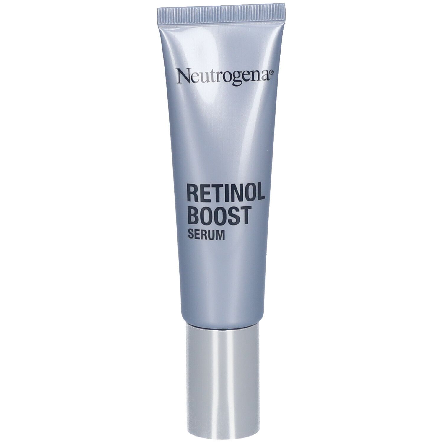 Neutrogena Retinol Boost Serum. Zilverkleurige tube met serum. Tekst en logo zichtbaar.