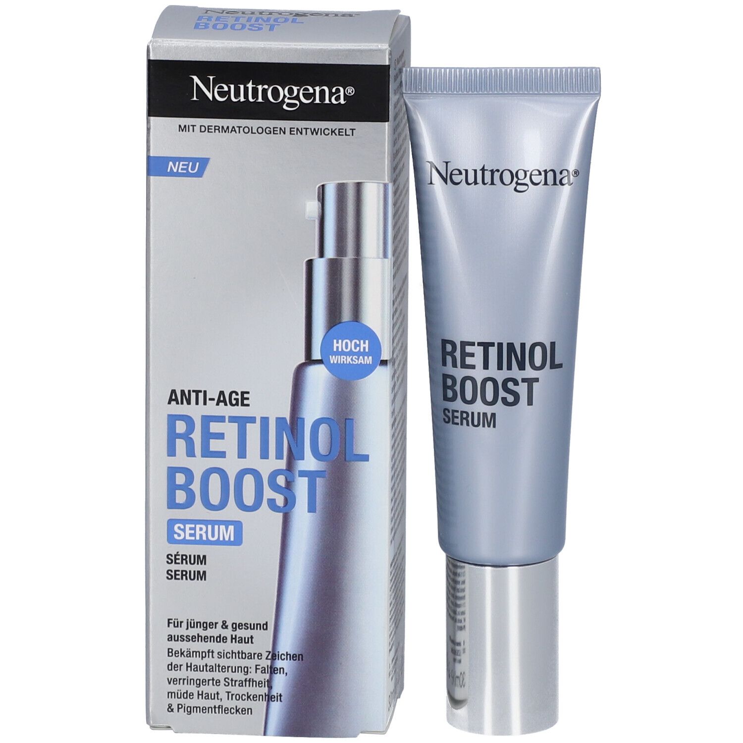 Neutrogena Retinol Boost Serum en verpakking. Product en doos naast elkaar. Tekst en logo.
