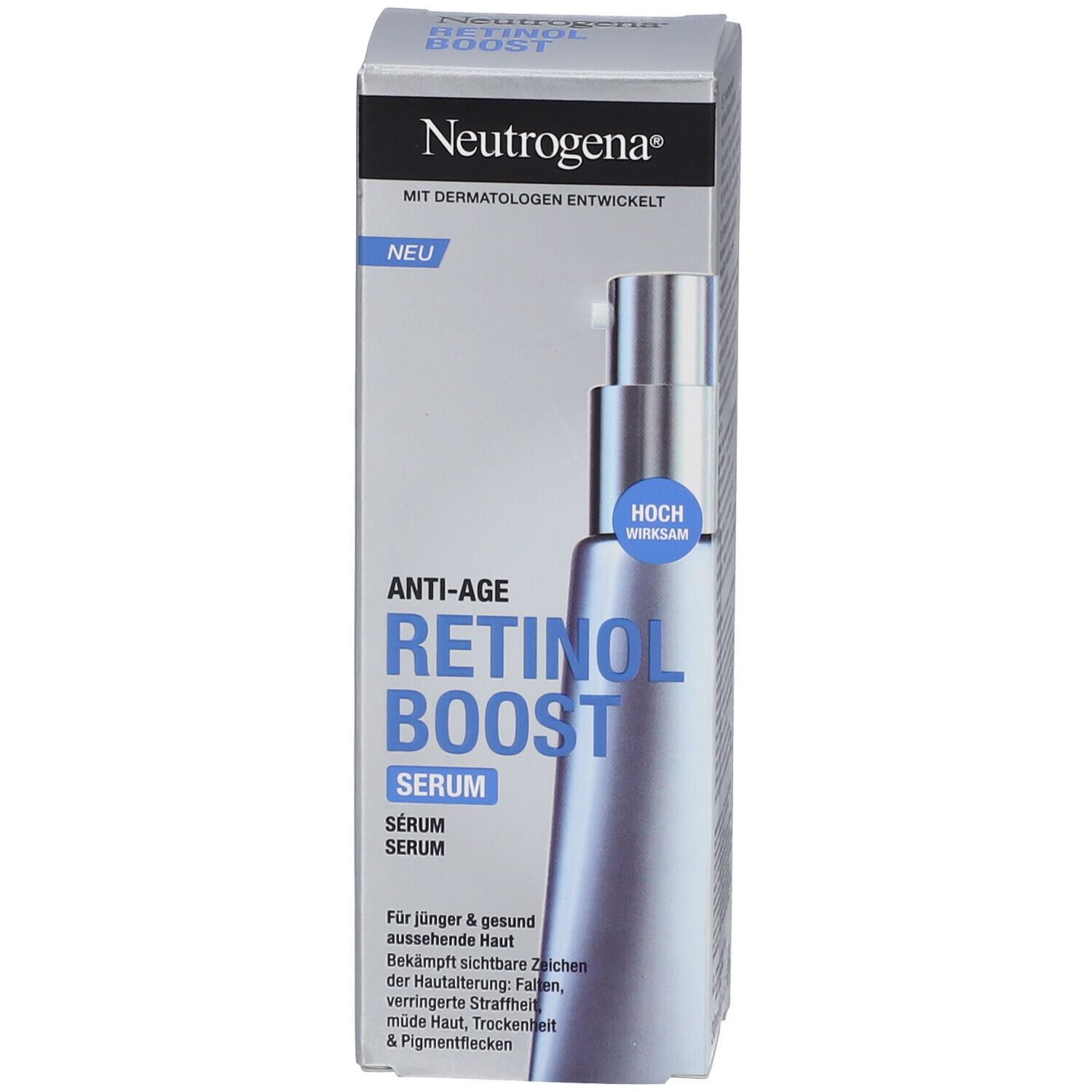 Verpakking van Neutrogena Retinol Boost Serum. Doos met productafbeelding en tekst.