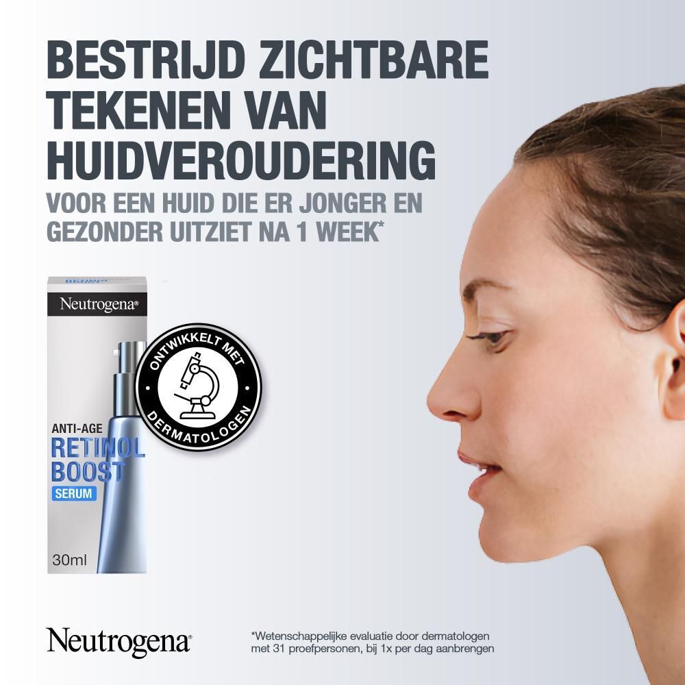 Vrouw en product. Tekst: Bestrijdt tekenen van huidveroudering. Dermatologisch getest.
