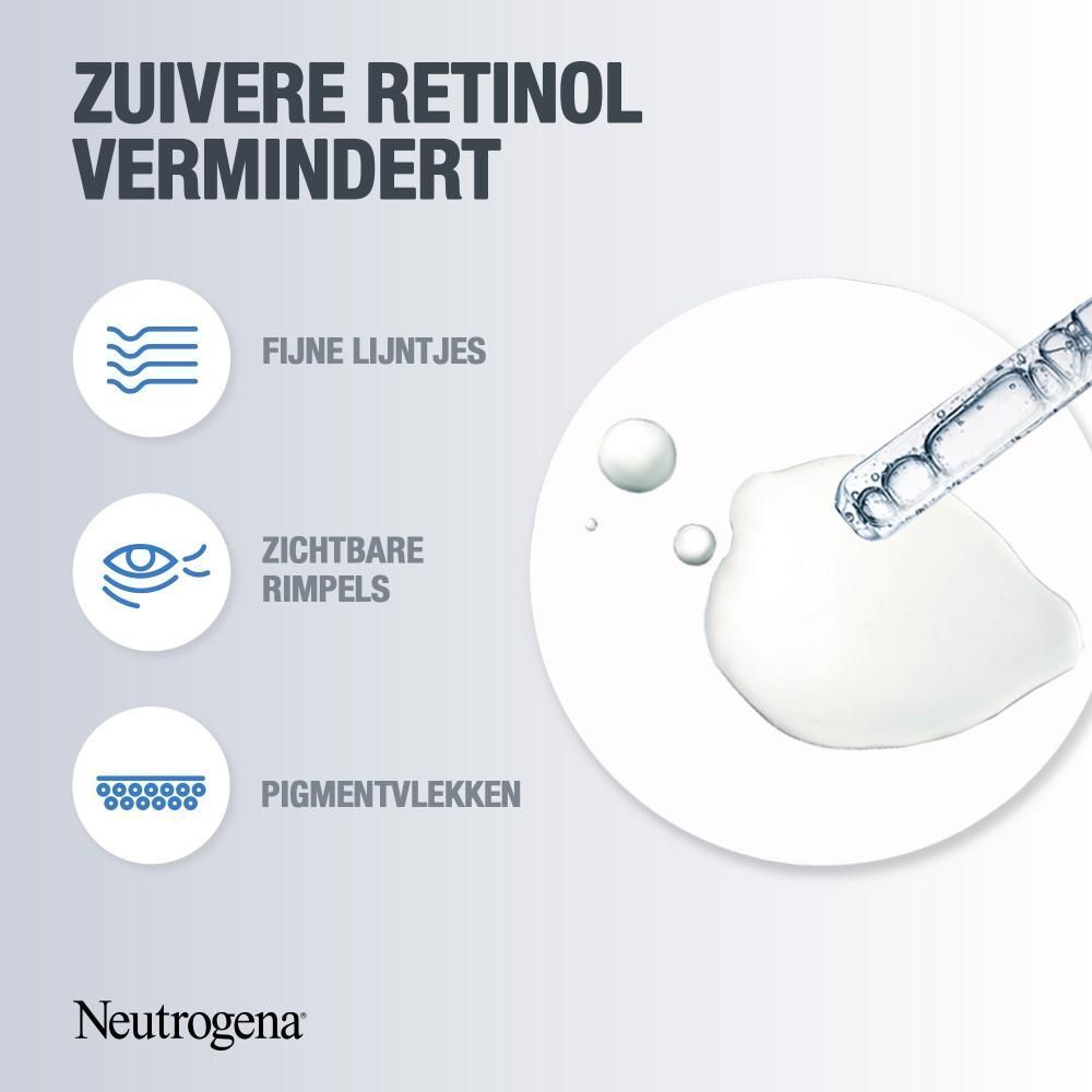 Diagram met ingrediënten en effecten: Retinol, mirtenextract, hyaluronzuur.