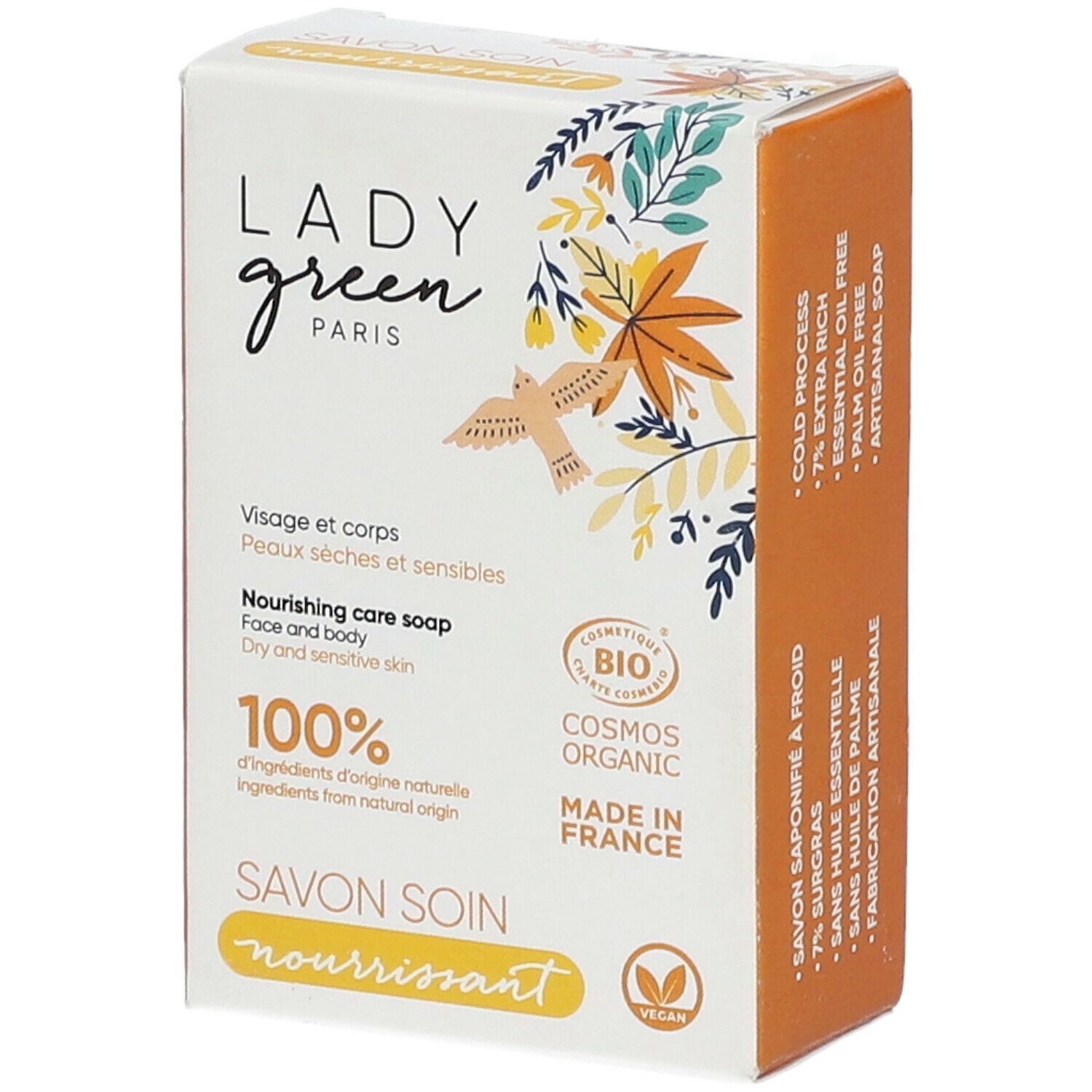 Emballage de savon bio. Inscriptions: Lady Green, visage & corps, savon soin nourrissant, 100% ingrédients naturels, Cosmos Organic.