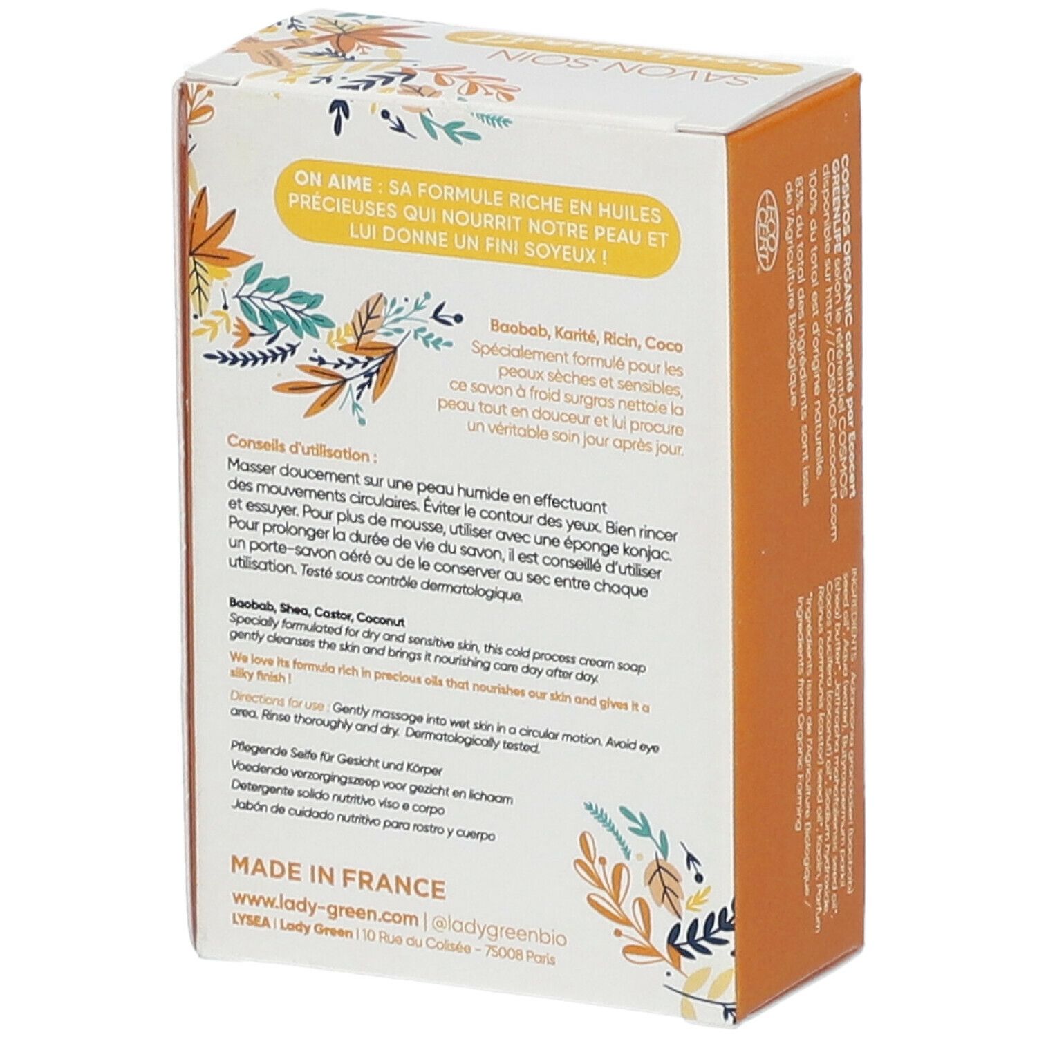 Dos de l'emballage du savon. Texte: Conseils d'utilisation, ingrédients, Fabriqué en France, Lady-green.com.