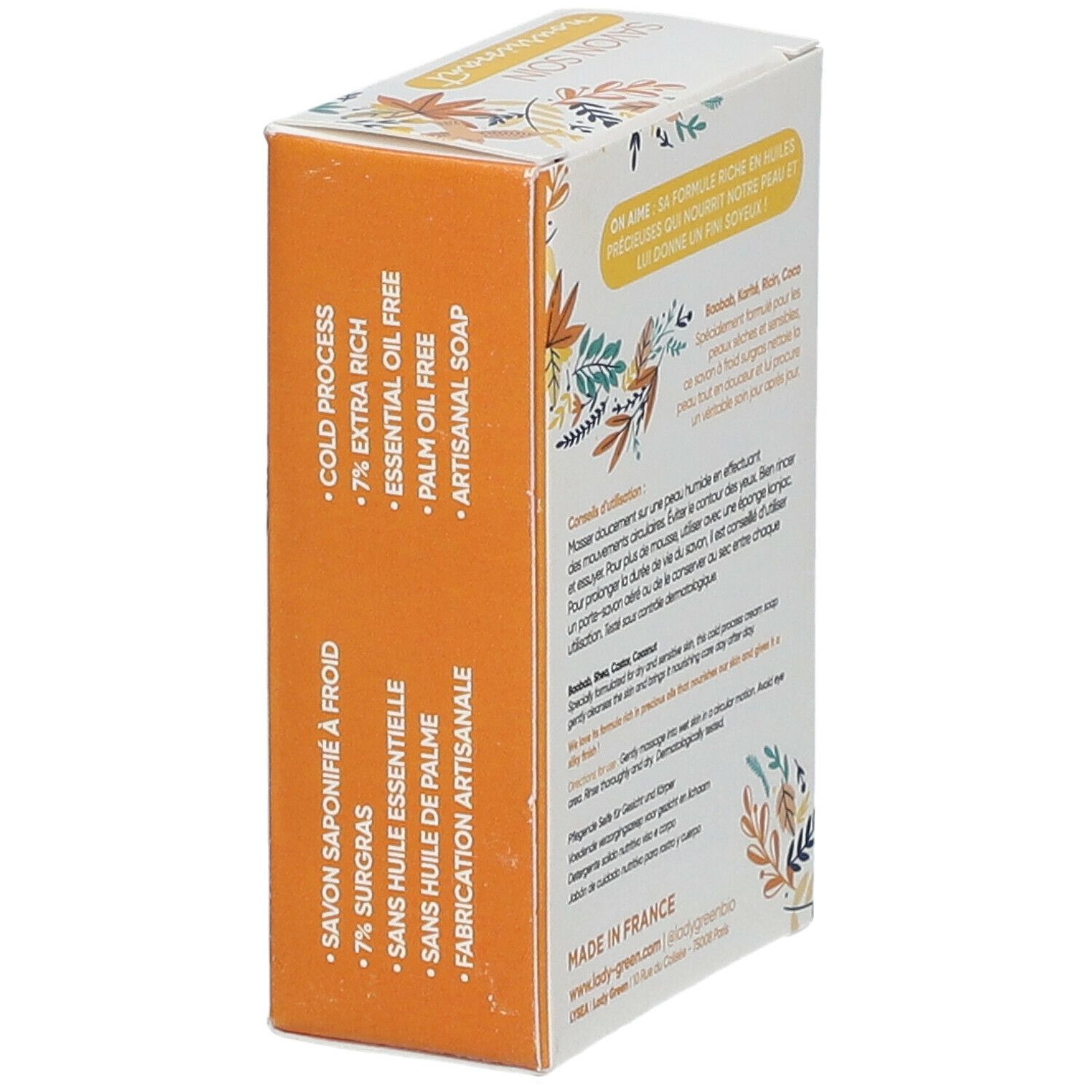 Emballage de savon. Inscriptions: Cold Process, 7% extra riche, sans huile de palme, fabrication artisanale. Texte en français.