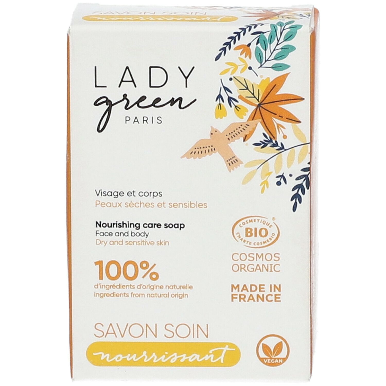 Emballage de savon bio. Inscriptions: Lady Green, visage & corps, savon soin nourrissant, 100% ingrédients naturels, Cosmos Organic.