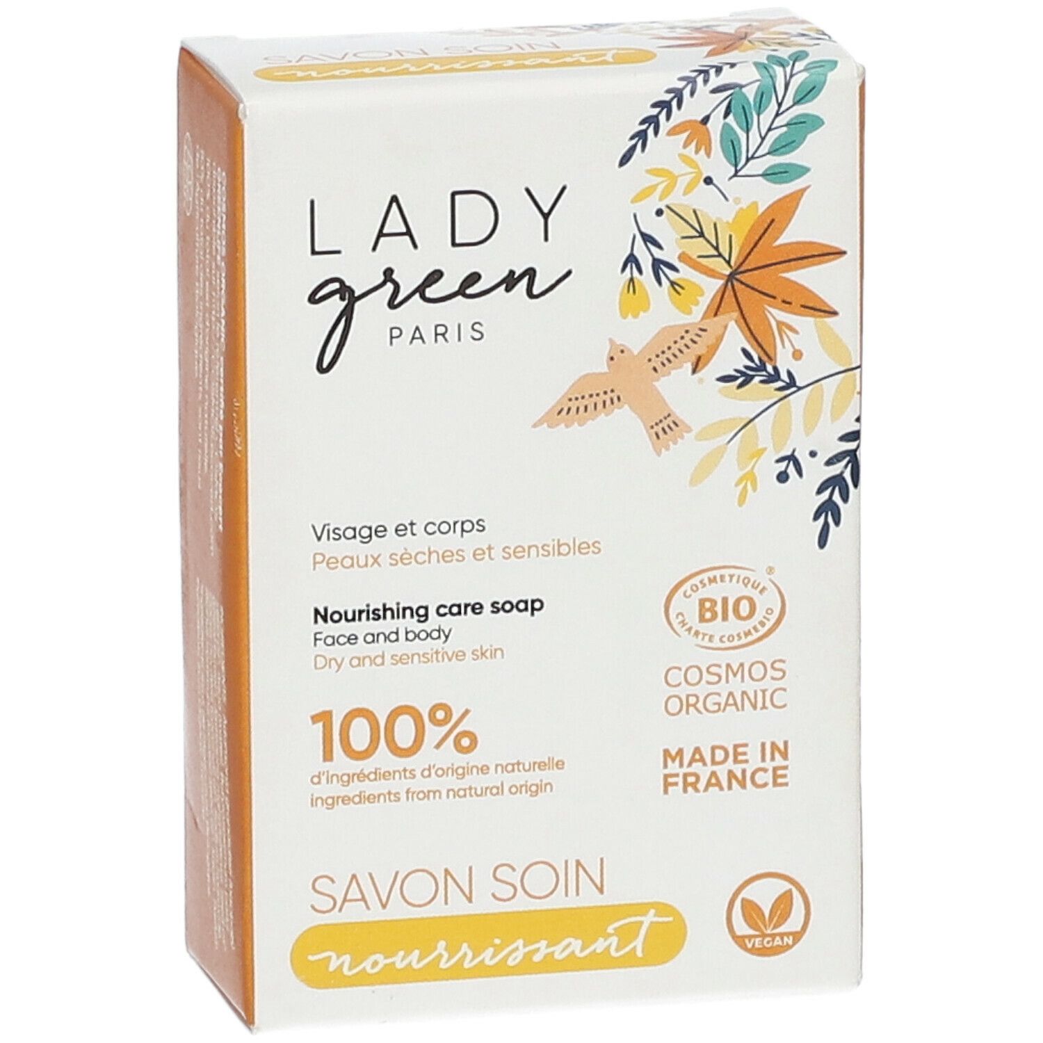 Emballage de savon bio. Inscriptions: Lady Green, visage & corps, savon soin nourrissant, 100% ingrédients naturels, Cosmos Organic.