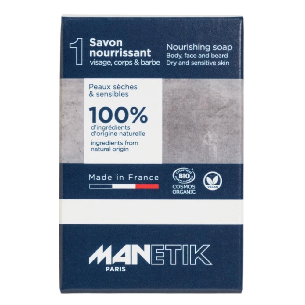 Doosje MANETIK zeep. Tekst: Savon nourrissant, Peaux sèches & sensibles, 100% natuurlijke ingrediënten. Bio en vegan logo's.