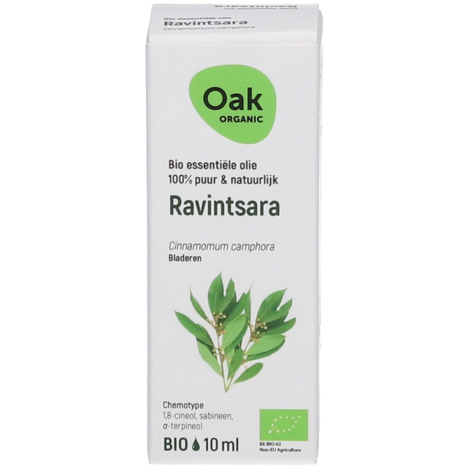 Emballage en carton avec logo Oak, illustration de plante et texte. Contient un flacon en verre brun avec bouchon noir.