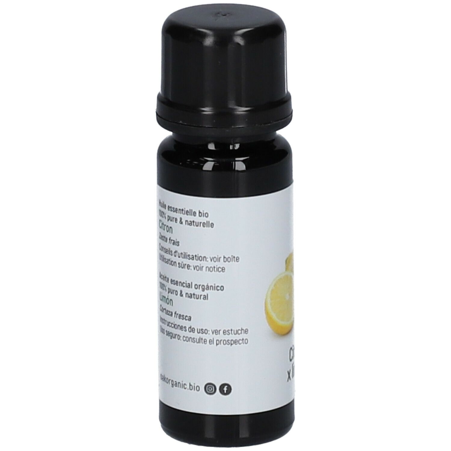 Bruine fles met zwarte dop. Meertalig etiket. Bio-label. Oak Organic logo.