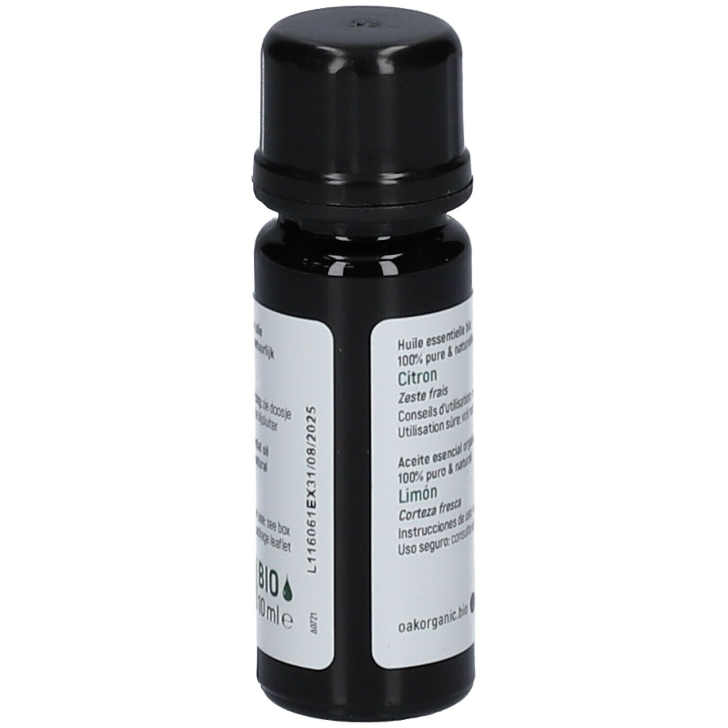 Bruine fles met zwarte dop. Meertalig etiket. Bio-label. 10 ml.