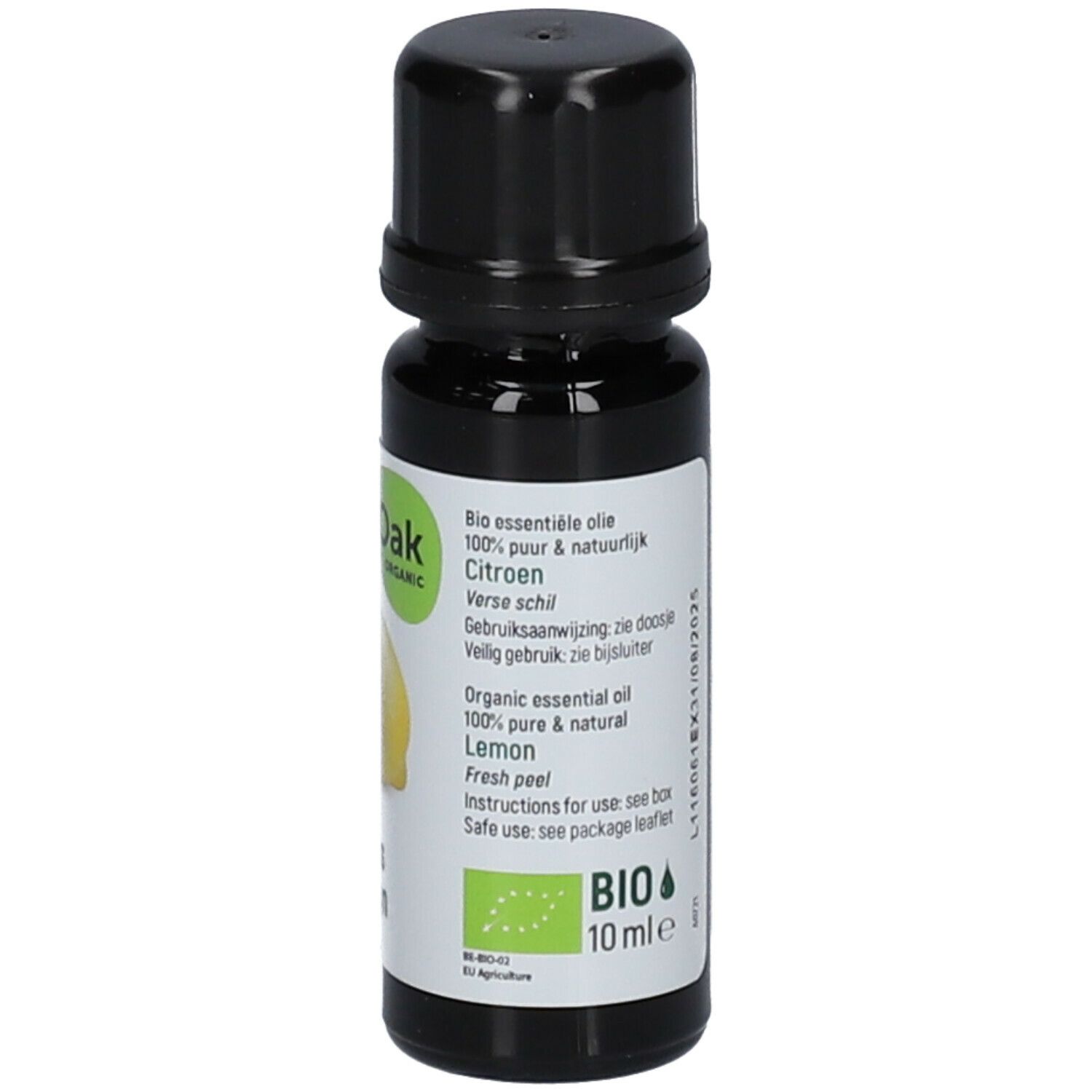 Bruine fles met zwarte dop. Meertalig etiket. Bio-label. 10 ml.