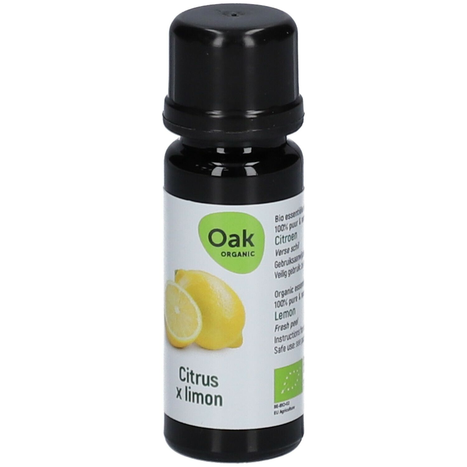 Bruine fles met zwarte dop. Etiket met Oak Organic, citroen en Citrus x limon. Bio-label.