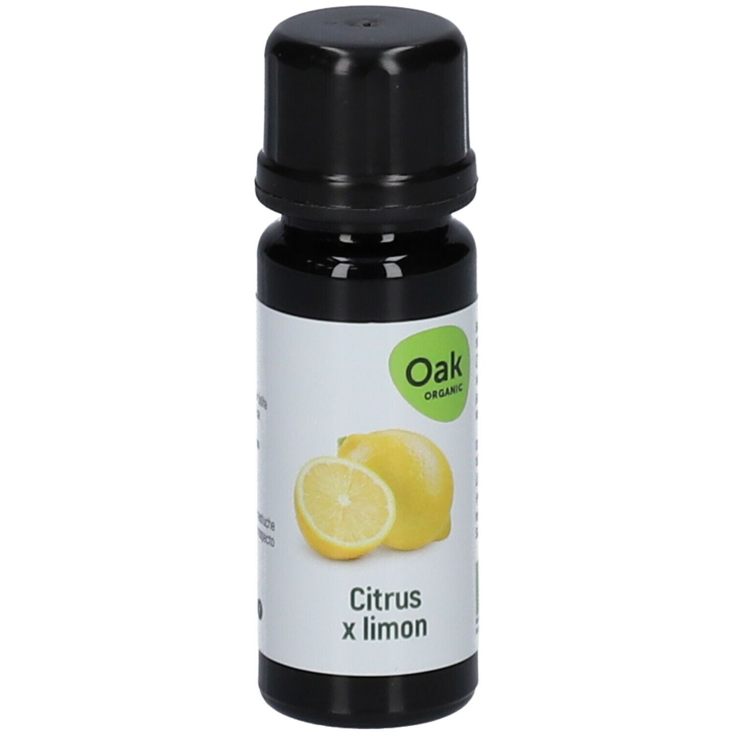 Bruine fles met zwarte dop. Etiket met Oak Organic, citroen en Citrus x limon. Bio-label.
