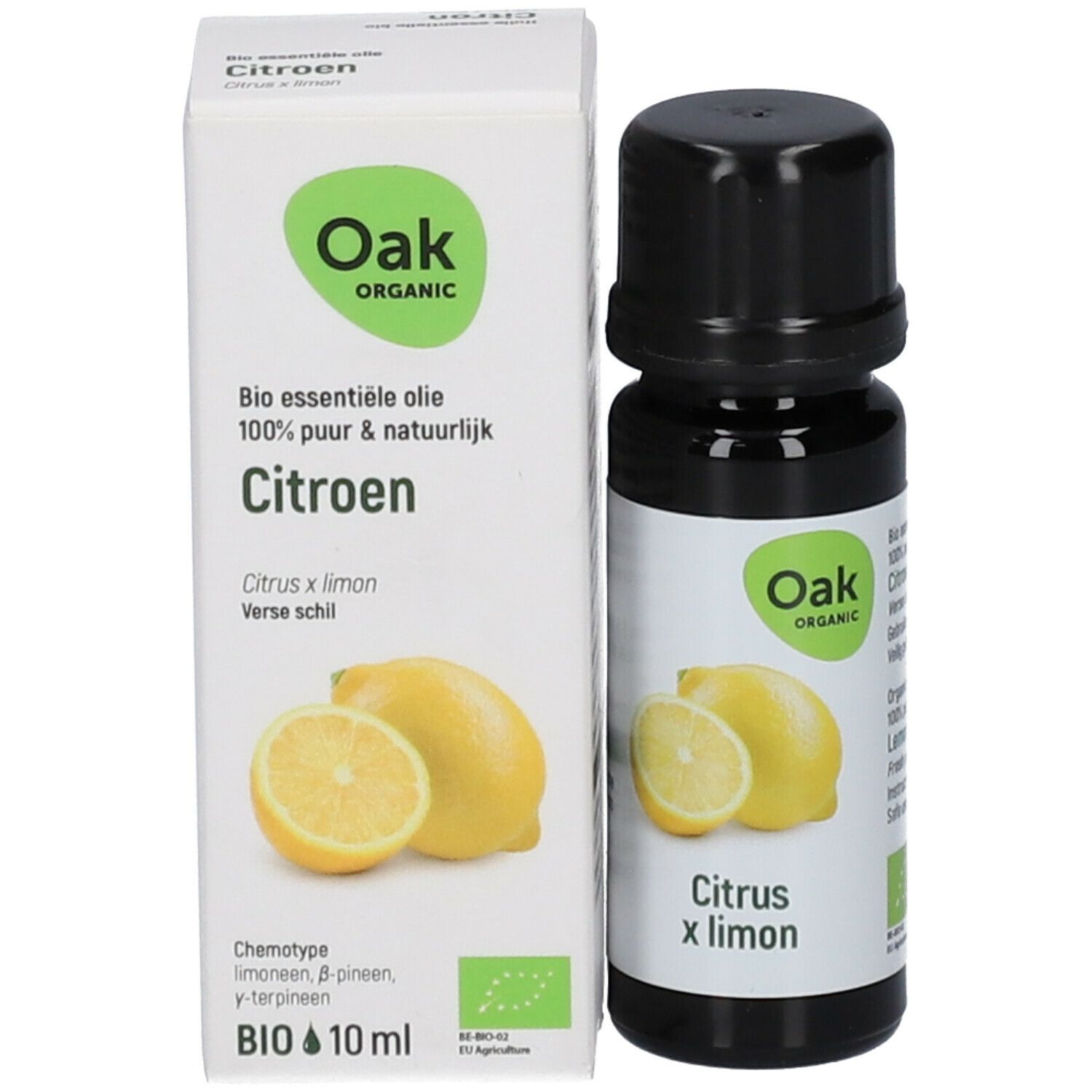 Fles en doos. Doos met Oak Organic, citroen en Citrus x limon. Bio-label. 10 ml.