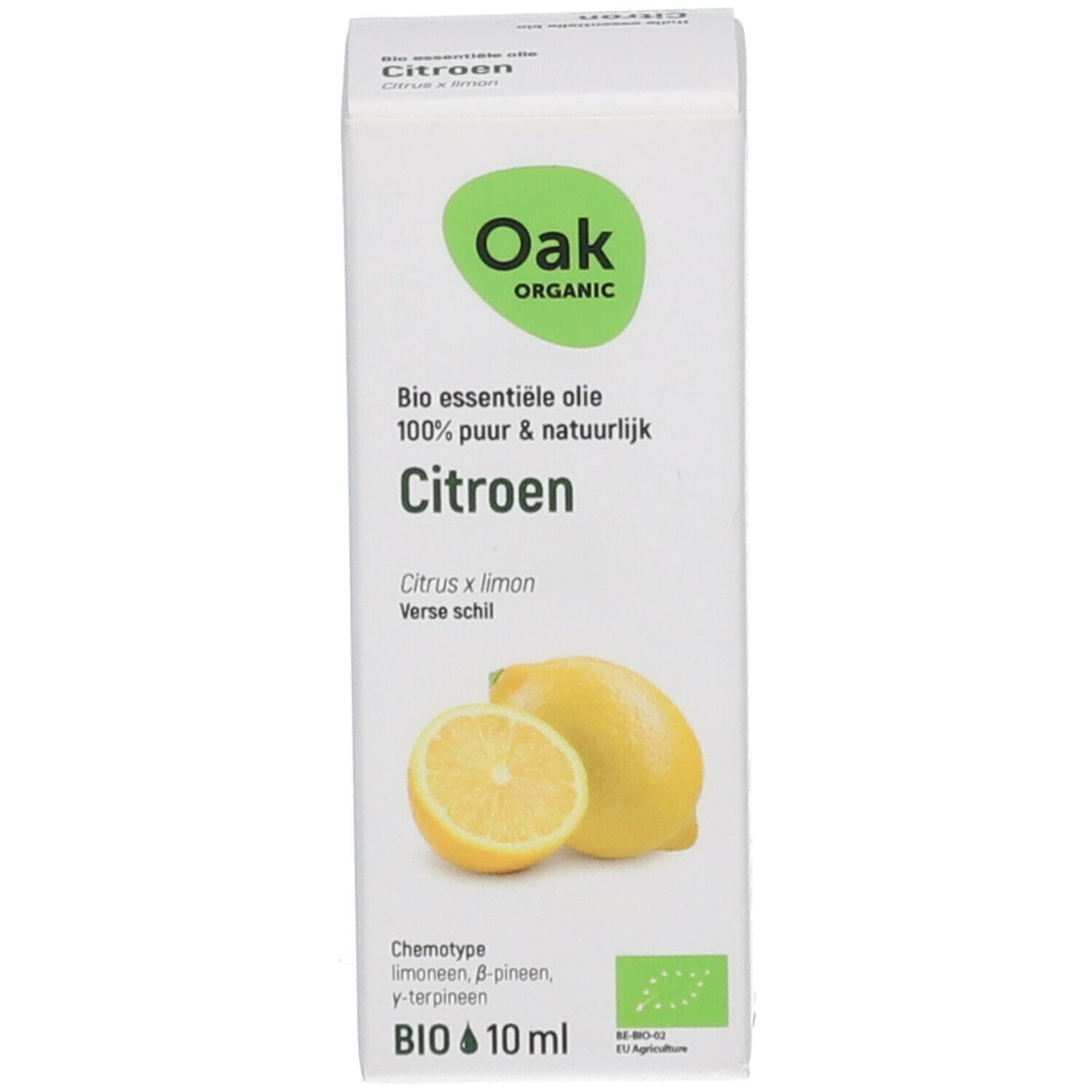 Witte doos met Oak Organic, citroen en Citrus x limon. Bio-label. 10 ml.