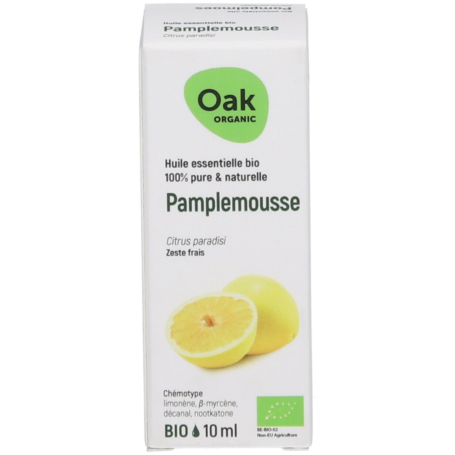 Boîte blanche avec logo, nom du produit Pamplemousse et label bio. Illustration d'un citron. 10 ml.