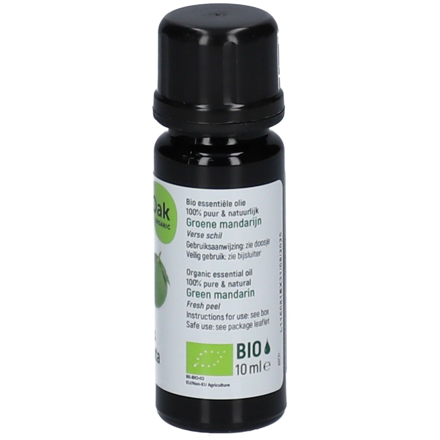 Bruine glazen fles met zwarte dop. Etiket met productnaam, ingrediënten en bio-certificering. 10 ml.