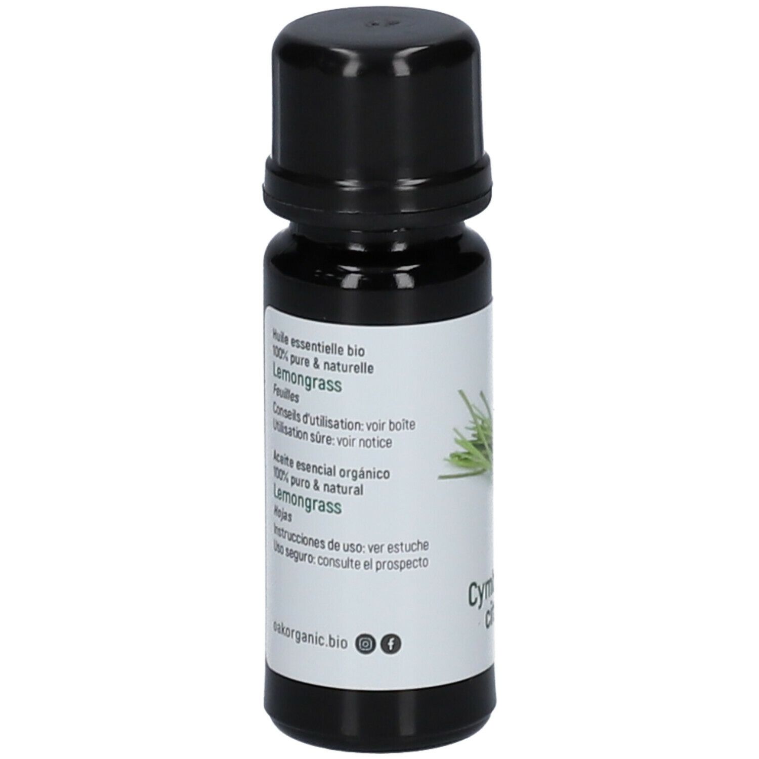 Bruine glazen fles met zwarte dop. Achterkant met tekst: Huile essentielle bio, 100% pure & naturelle, Lemongrass.