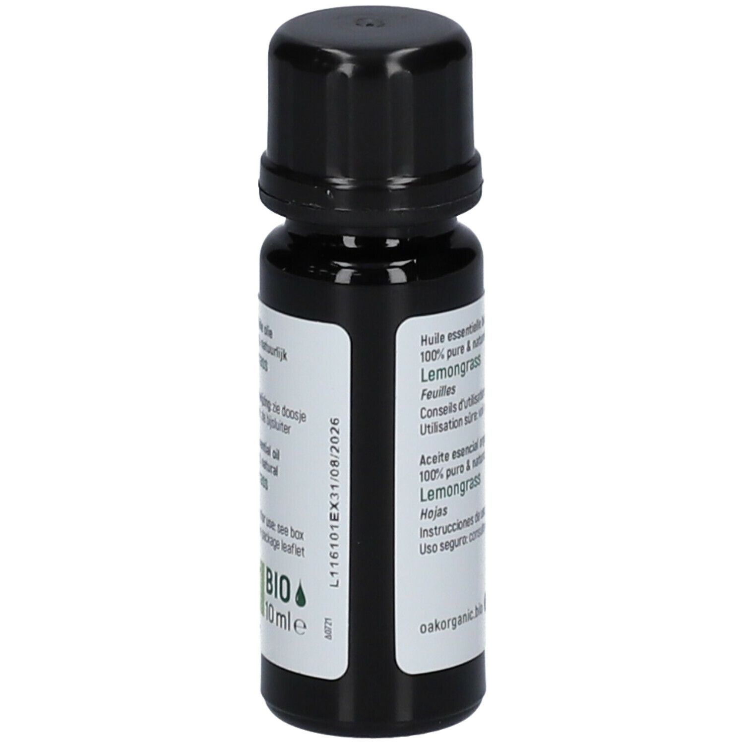 Bruine glazen fles met zwarte dop. Etiket met tekst: Bio essentielle olie, 100% pure & natuurlijk, Lemongrass.