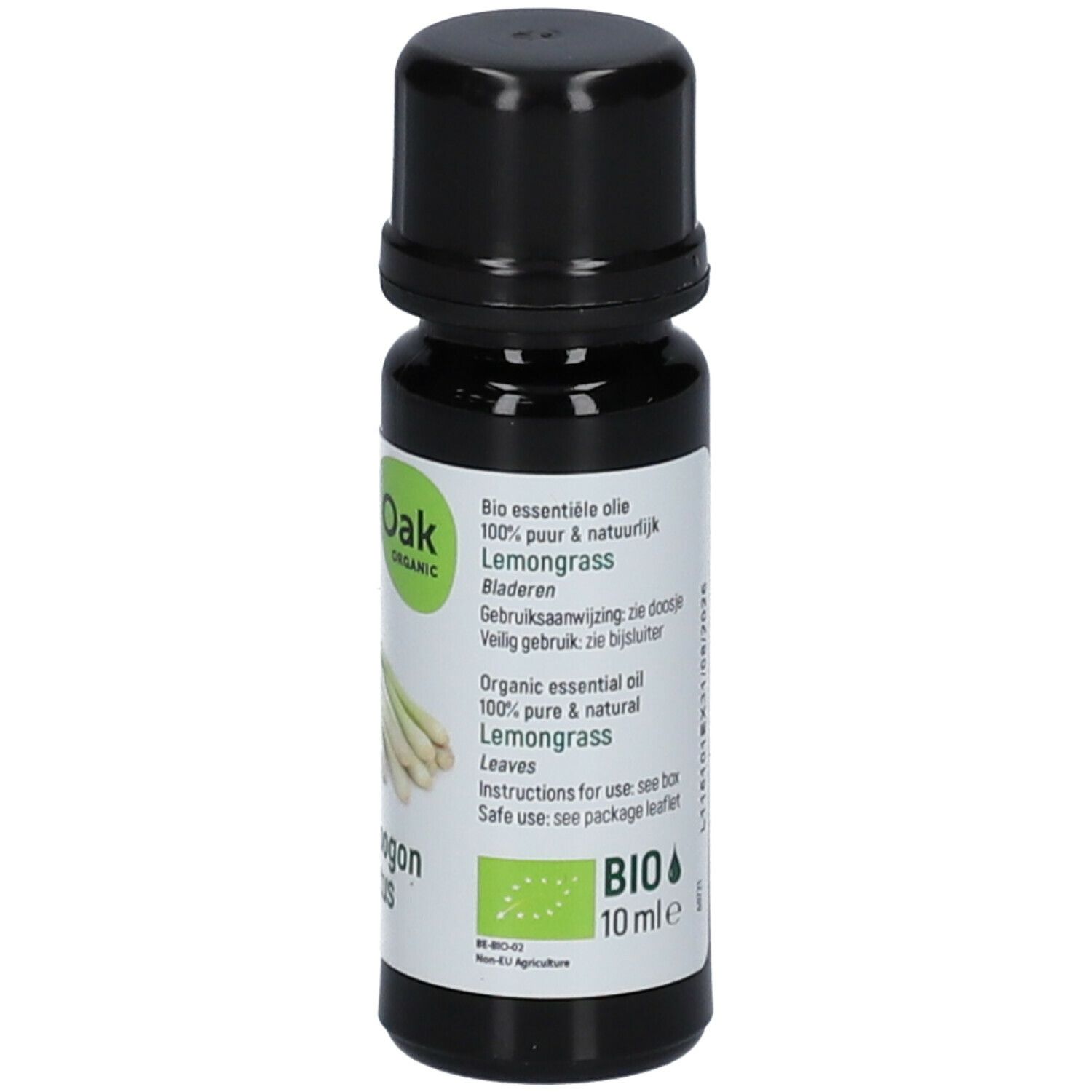 Bruine glazen fles met zwarte dop. Etiket met tekst: Bio essentielle olie, 100% pure & natuurlijk, Lemongrass.