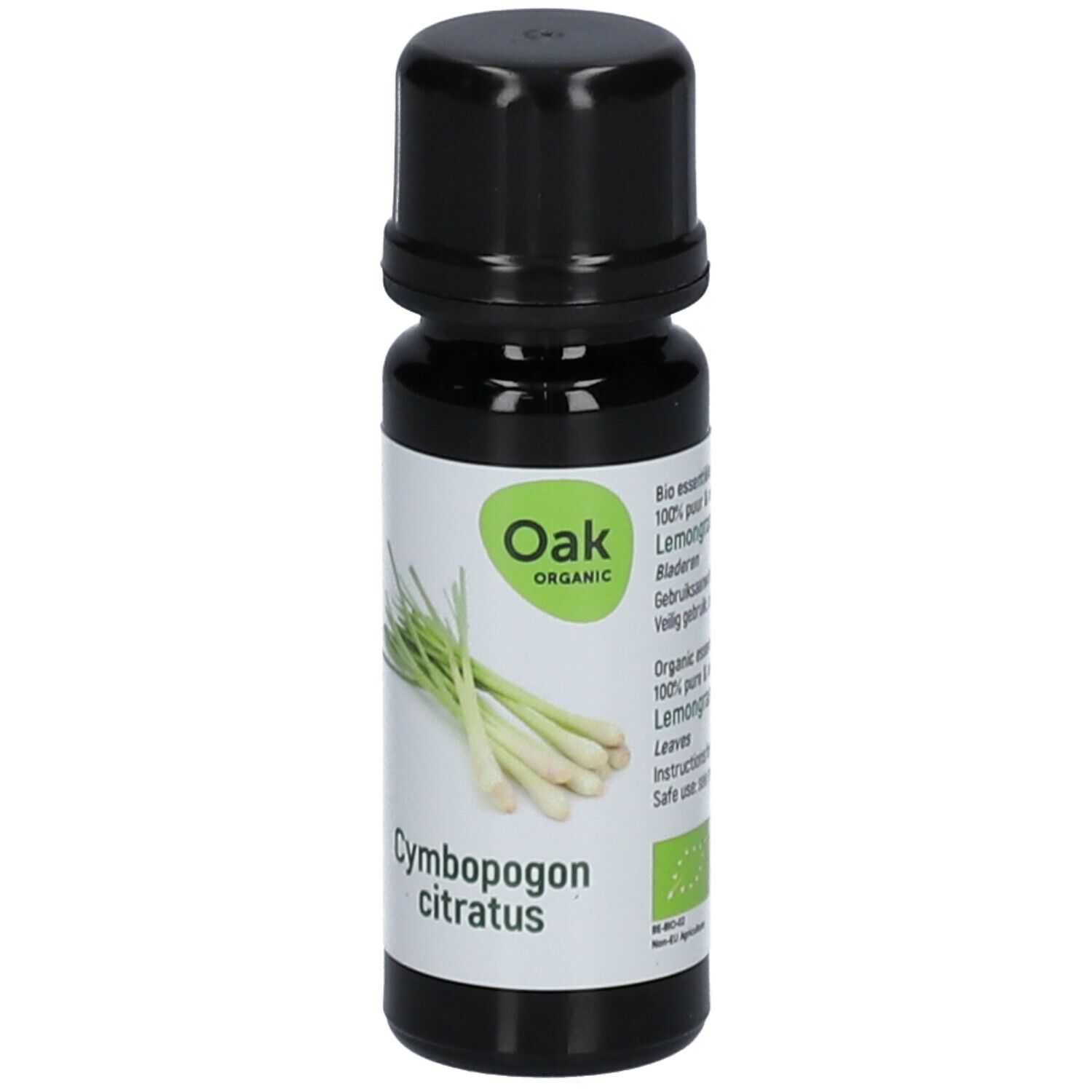 Bruine glazen fles met zwarte dop. Etiket met Oak-logo, citroengrasafbeelding en Cymbopogon citratus.