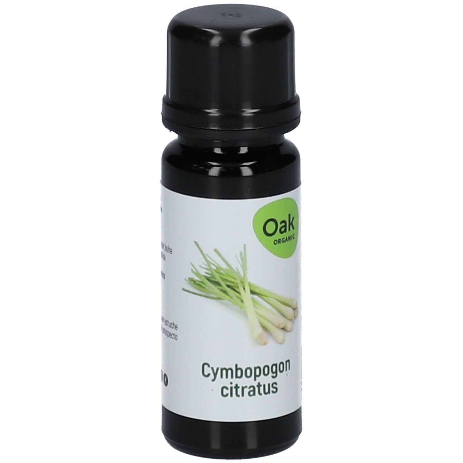 Bruine glazen fles met zwarte dop. Etiket met Oak-logo, citroengrasafbeelding en Cymbopogon citratus.