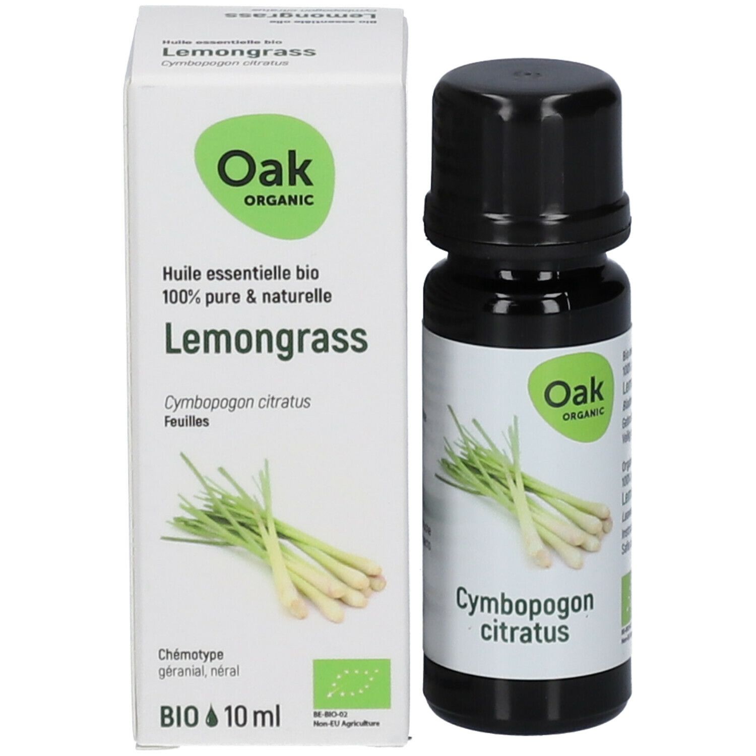 Bruine glazen fles en kartonnen verpakking. Doos met Oak-logo, Lemongrass-tekst, citroengrasafbeelding en bio-keurmerk.