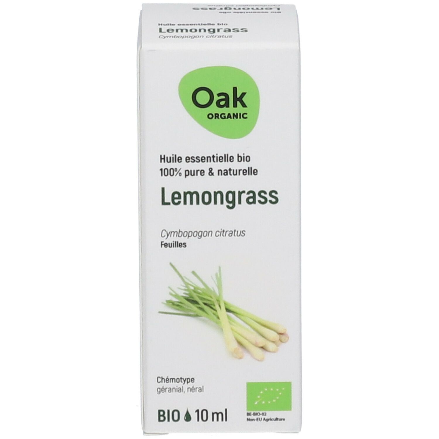 Kartonnen verpakking met Oak-logo, Lemongrass-tekst, citroengrasafbeelding en bio-keurmerk. Bevat 10 ml.