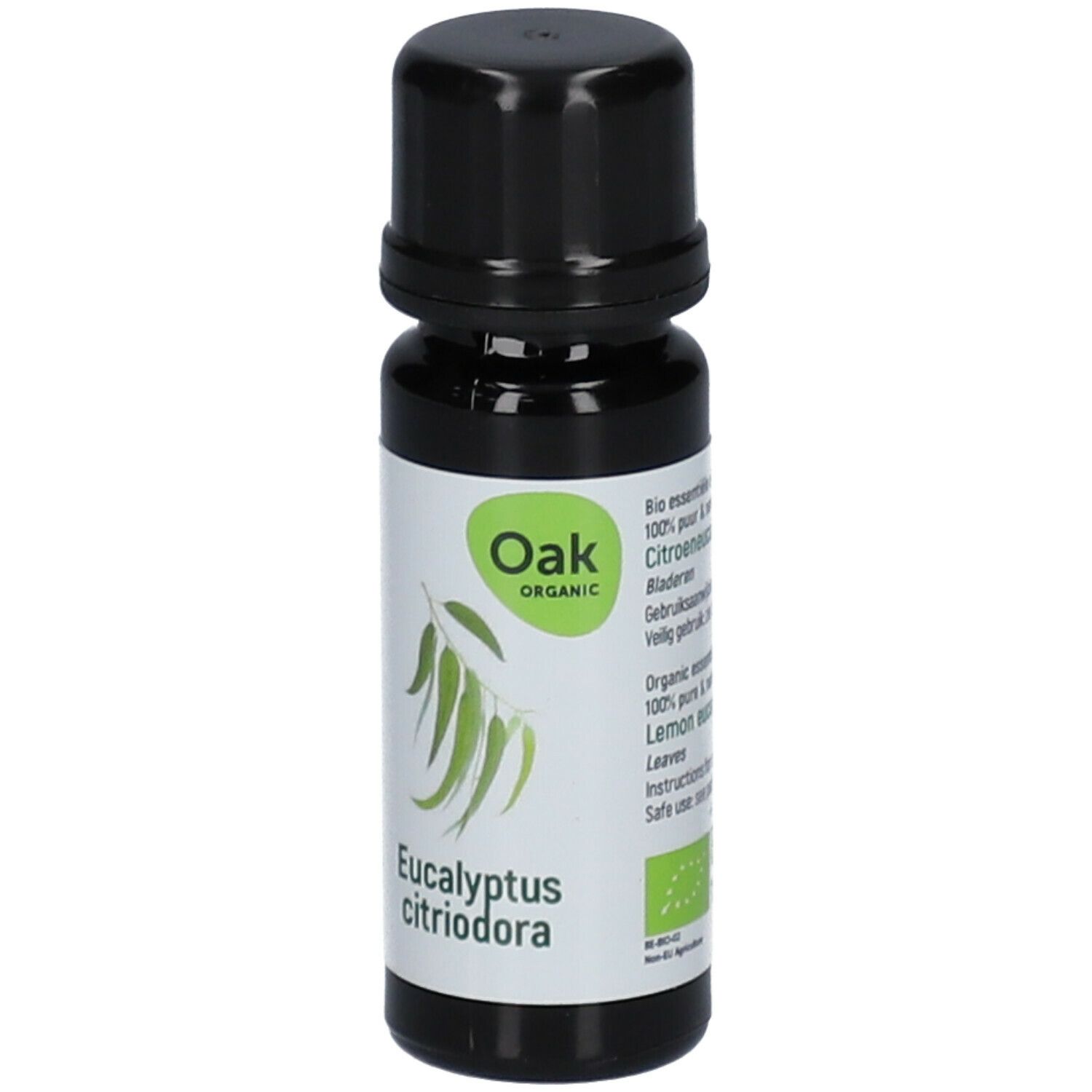 Braune Glasflasche mit schwarzem Deckel. Etikett mit "Oak Organic" und "Eucalyptus citriodora".