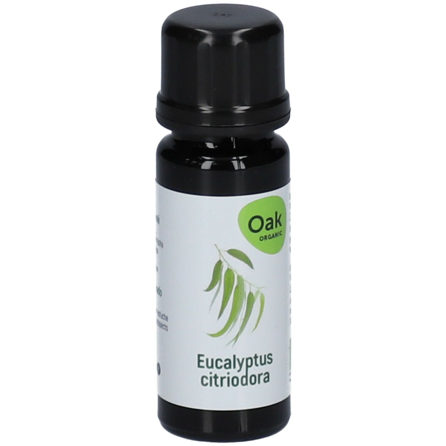 Braune Glasflasche mit schwarzem Deckel. Etikett mit "Oak Organic" und "Eucalyptus citriodora".