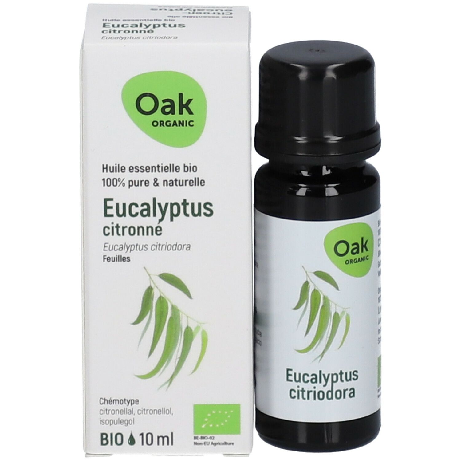 Braune Glasflasche und Karton. Karton mit "Oak Organic" und "Eucalyptus citronné". Flasche daneben.