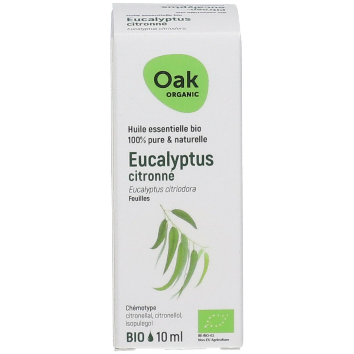 Weißer Karton mit "Oak Organic" und "Eucalyptus citronné". Enthält 10 ml.