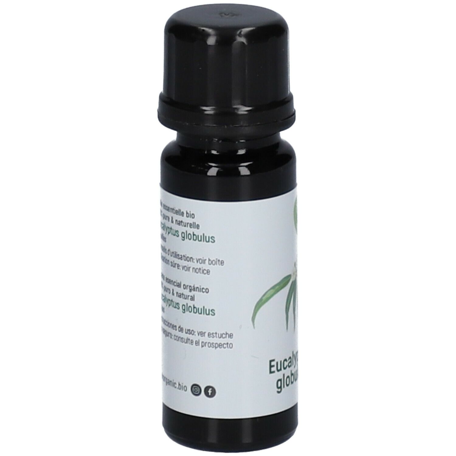 Bruine glazen fles met zwarte dop. Etiket met tekst: Eucalyptus globulus, Oak Organic. Bio-certificering.