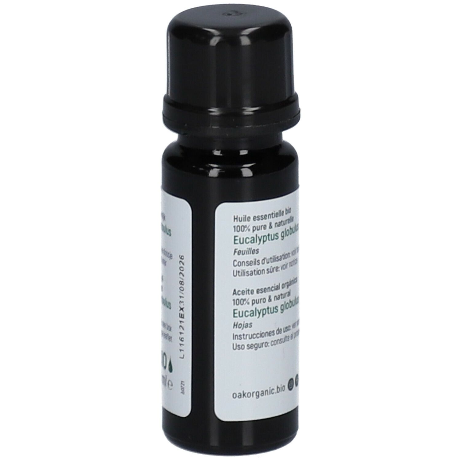 Bruine glazen fles met zwarte dop. Etiket met tekst: Eucalyptus globulus, Oak Organic. Houdbaarheidsdatum.
