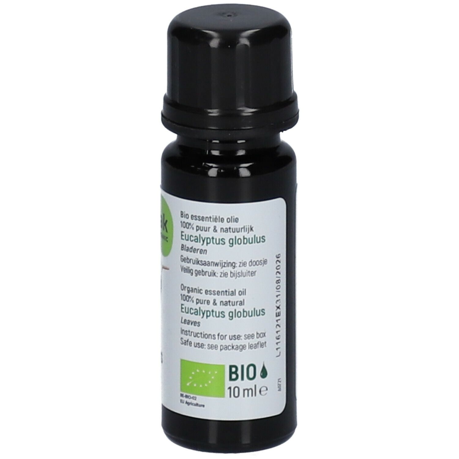 Bruine glazen fles met zwarte dop. Etiket met tekst: Eucalyptus globulus, Oak Organic. Bio-certificering, 10 ml.