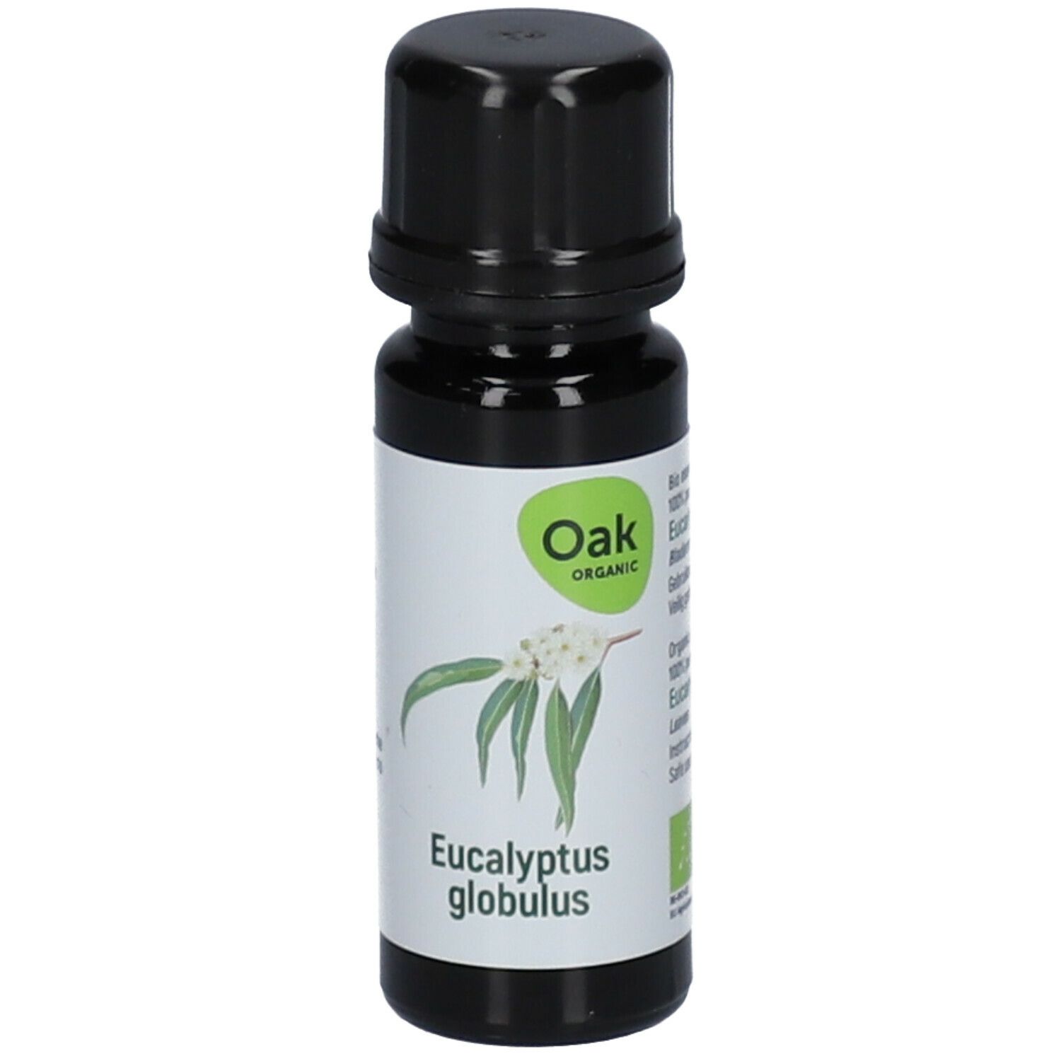 Bruine glazen fles met zwarte dop. Etiket met eucalyptus illustratie en tekst: Eucalyptus globulus, Oak Organic.