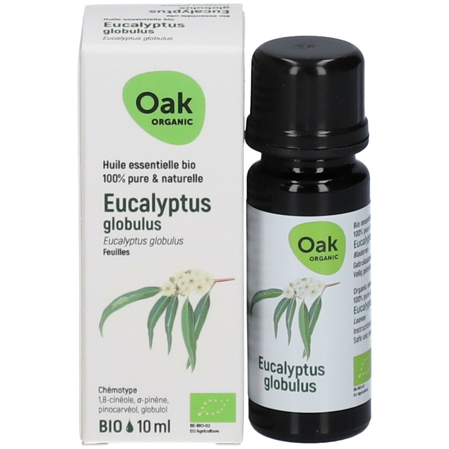 Bruine glazen fles en kartonnen verpakking. Op de fles: Eucalyptus globulus, Oak Organic. Op de verpakking: 10 ml, bio-keurmerk.