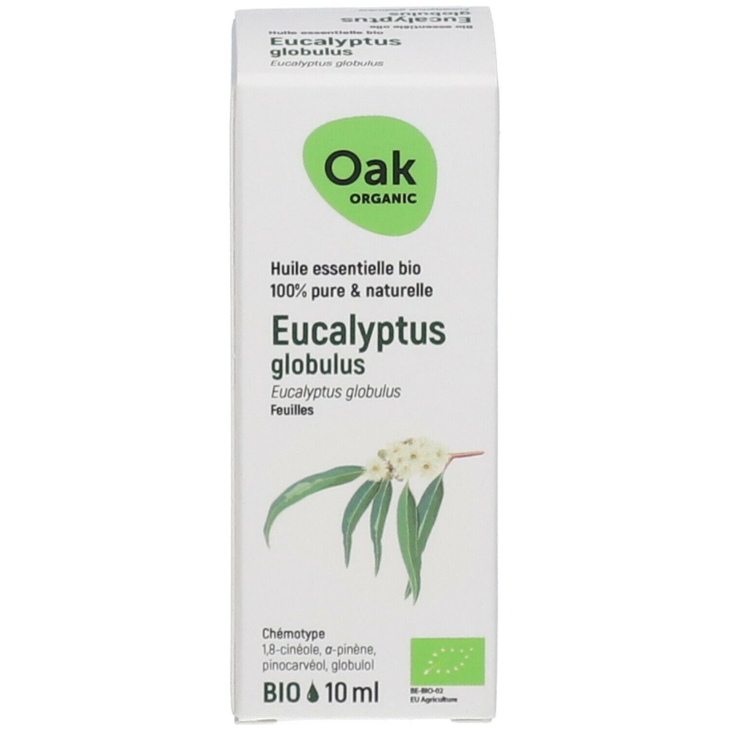 Kartonnen verpakking met tekst: Eucalyptus globulus, Oak Organic. Bio-keurmerk, 10 ml. Eucalyptus illustratie.