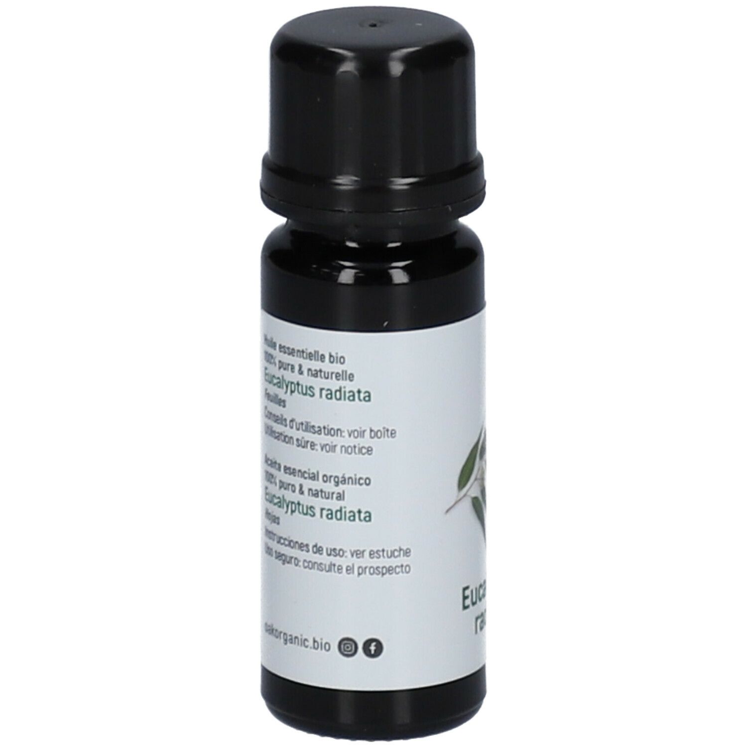 Bruine glazen fles met zwarte dop. Etiket met tekst: 100% pure & naturelle, Eucalyptus radiata. Bio-certificering.