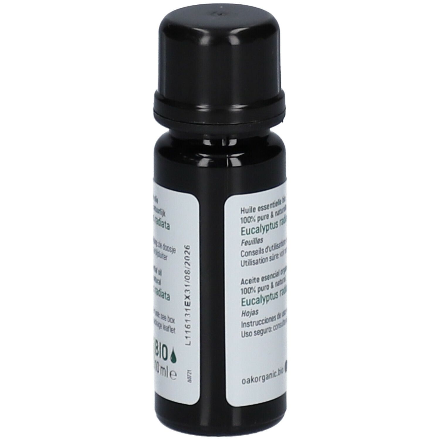 Bruine glazen fles met zwarte dop. Etiket met tekst: 100% pure & naturelle, Eucalyptus radiata. Bio-certificering.