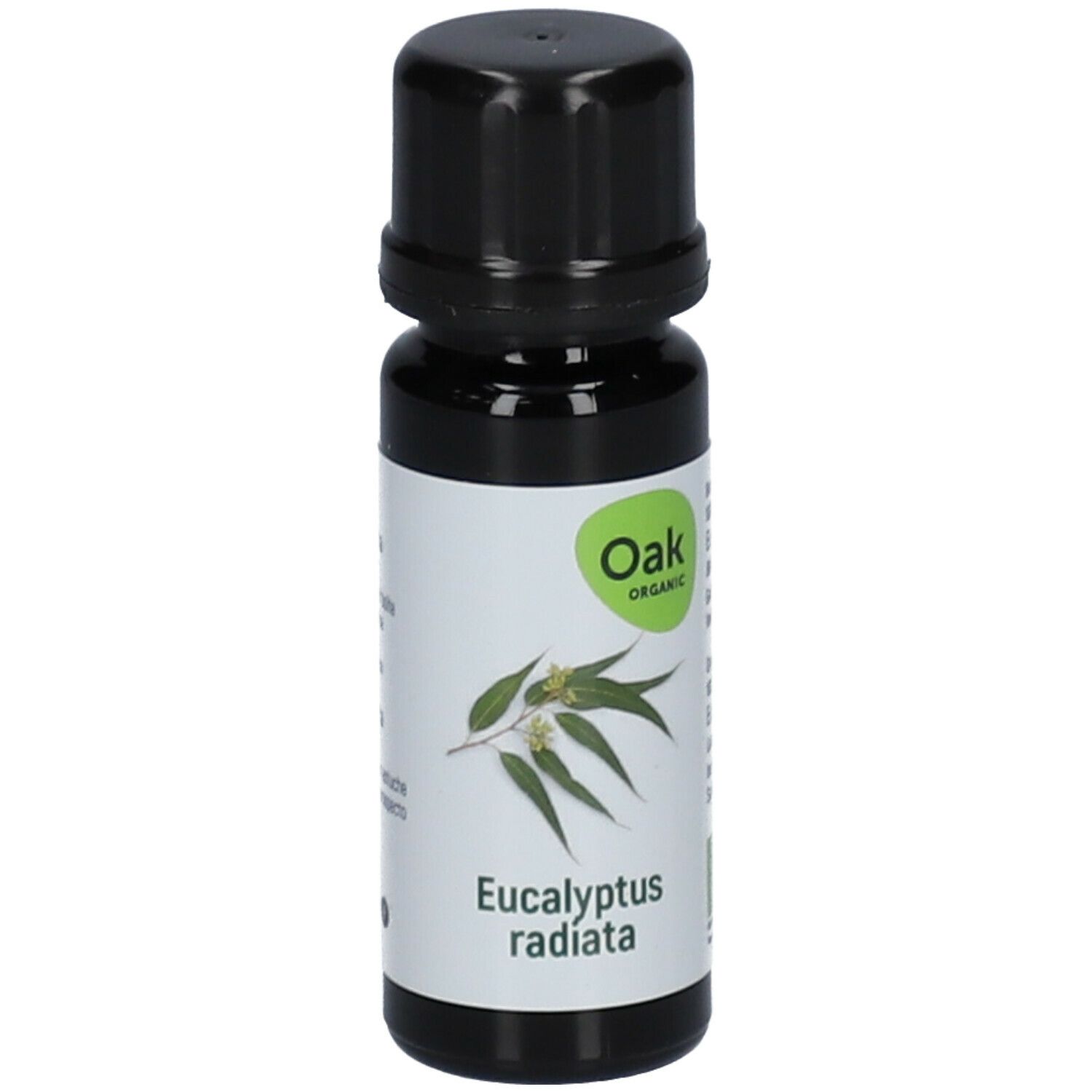 Bruine glazen fles met zwarte dop. Etiket met logo, eucalyptus illustratie en tekst: Eucalyptus radiata. Bio-certificering.