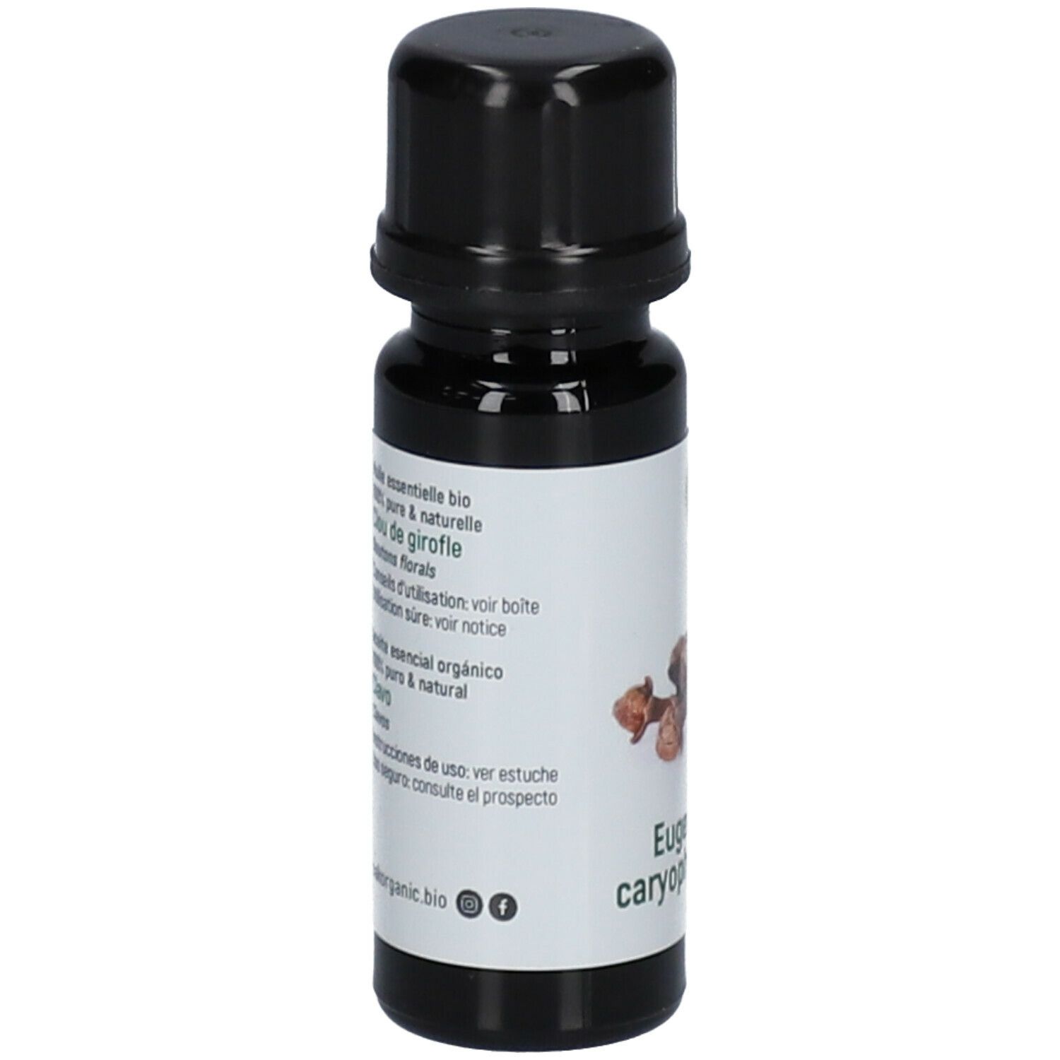 Bruine glazen fles met zwarte dop. Etiket met meertalige tekst. Bio-certificering zichtbaar.