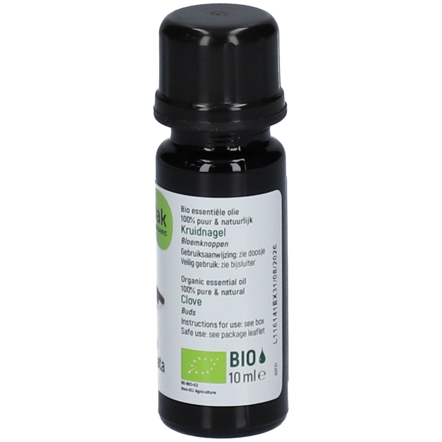 Bruine glazen fles met zwarte dop. Etiket met tekst en bio-keurmerk. Tekst: Kruidnagel, 100% pur & natuurlijk.
