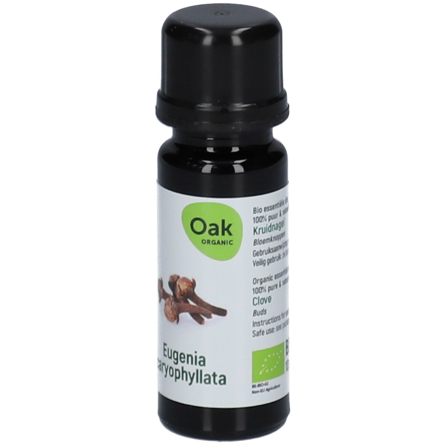 Bruine glazen fles met zwarte dop. Etiket met kruidnagelafbeelding en Oak Organic logo. Tekst: Eugenia caryophyllata.