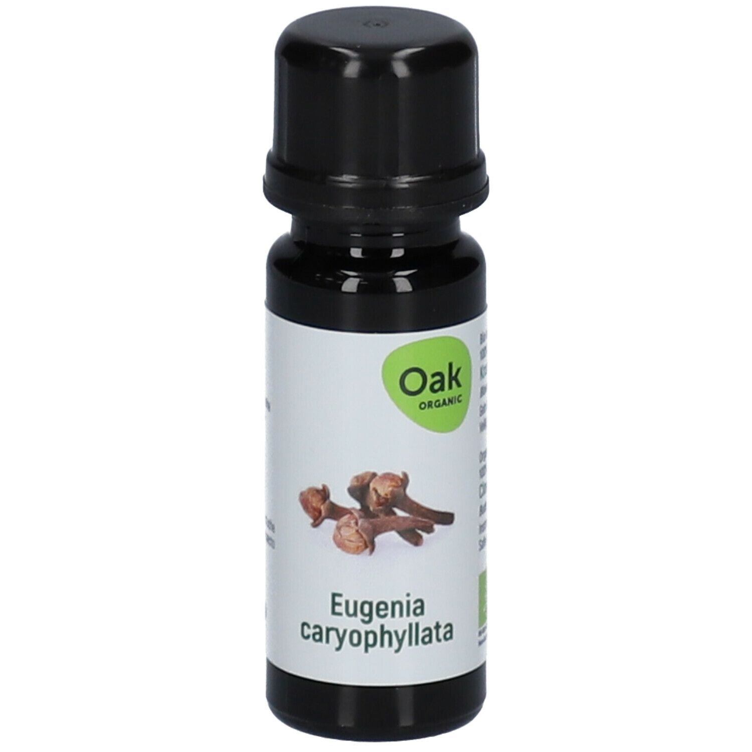 Bruine glazen fles met zwarte dop. Etiket met kruidnagelafbeelding en Oak Organic logo. Tekst: Eugenia caryophyllata.